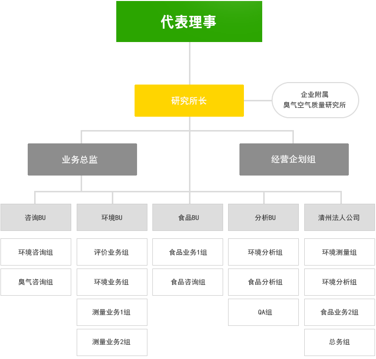 代表理事, 研究所长(企业附属, 臭气空气质量研究所), 业务总监 - 咨询BU(环境咨询组,臭气咨询组),环境BU(评价业务组,环境业务组,测量业务1组,,测量业务2组),食品BU(食品业务1组,食品咨询组),分析BU(环境分析组,食品分析组,QA组),清州法人公司(环境测量组,环境分析组,食品业务2组,总务组,经营企划组