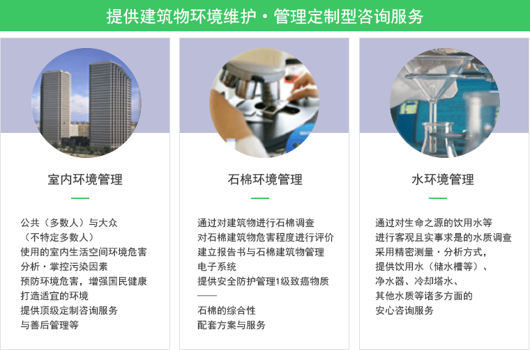 提供建筑物环境维护•管理定制型咨询服务 室内环境管理 公共（多数人）与大众（不特定多数人）使用的室内生活空间环境危害分析·掌控污染因素预防环境危害，增强国民健康打造适宜的环境提供顶级定制咨询服务与善后管理等, 石棉环境管理 通过对建筑物进行石棉调查 对石棉建筑物危害程度进行评价建立报告书与石棉建筑物管理电子系统 提供安全防护管理1级致癌物质——石棉的综合性 配套方案与服务 ,水环境管理 通过对生命之源的饮用水等进行客观且实事求是的水质调查采用精密测量·分析方式，提供饮用水（储水槽等）、净水器、冷却塔水、其他水质等诸多方面的安心咨询服务